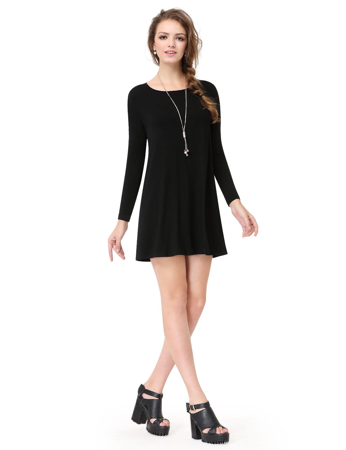 Color=Black | Alisa Pan Simple Fashion Round Neck Long Sleeve T-Shirt-Black 4