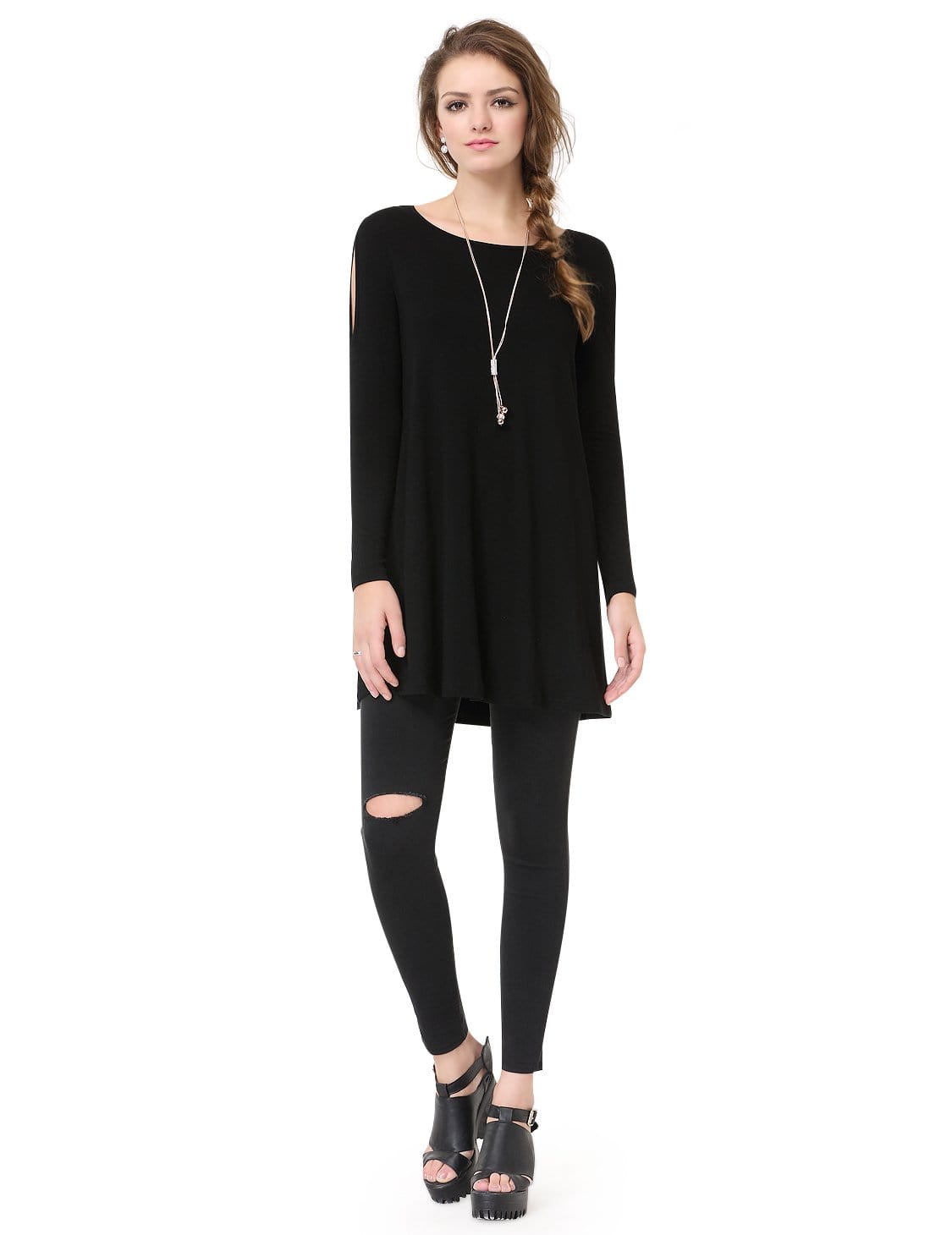 Color=Black | Alisa Pan Simple Fashion Round Neck Long Sleeve T-Shirt-Black 1