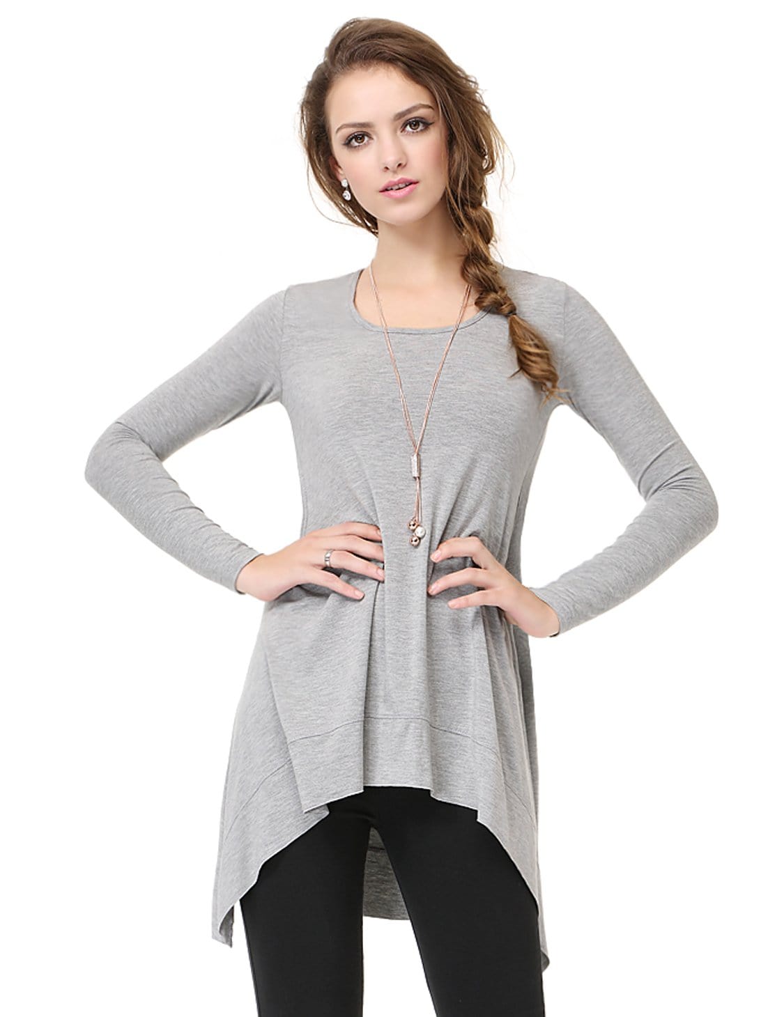 Color=Grey | Alisa Pan Simple Fashion Round Neck Long Sleeve T-Shirt-Grey 2