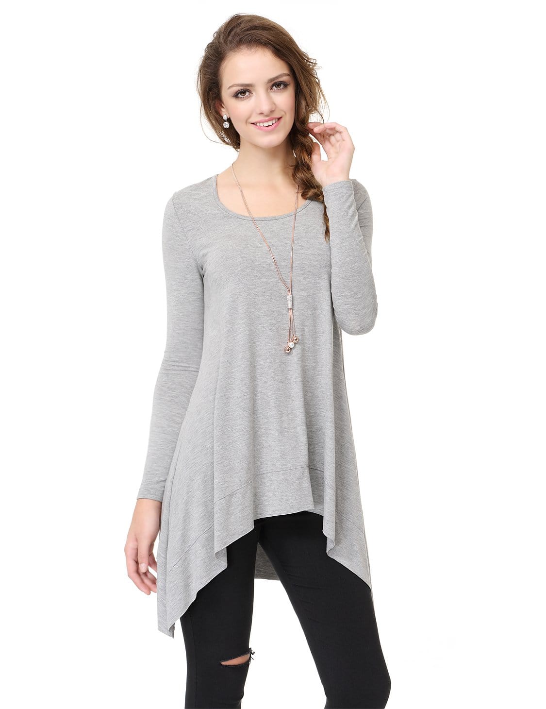 Color=Grey | Alisa Pan Simple Fashion Round Neck Long Sleeve T-Shirt-Grey 5
