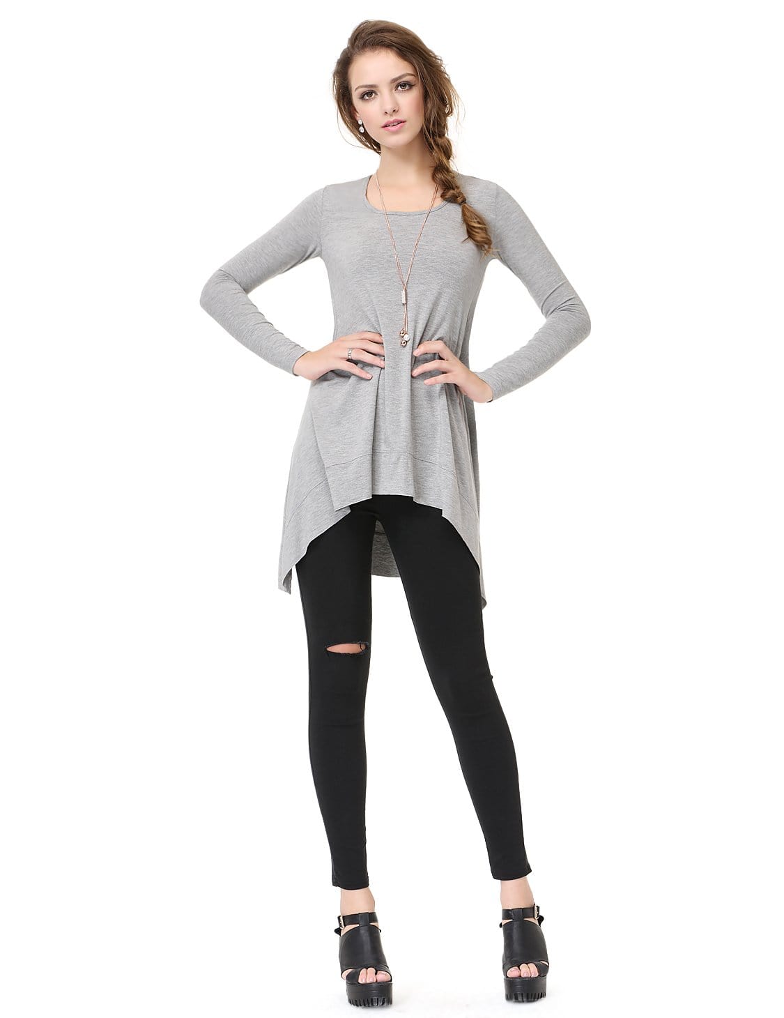 Color=Grey | Alisa Pan Simple Fashion Round Neck Long Sleeve T-Shirt-Grey 1