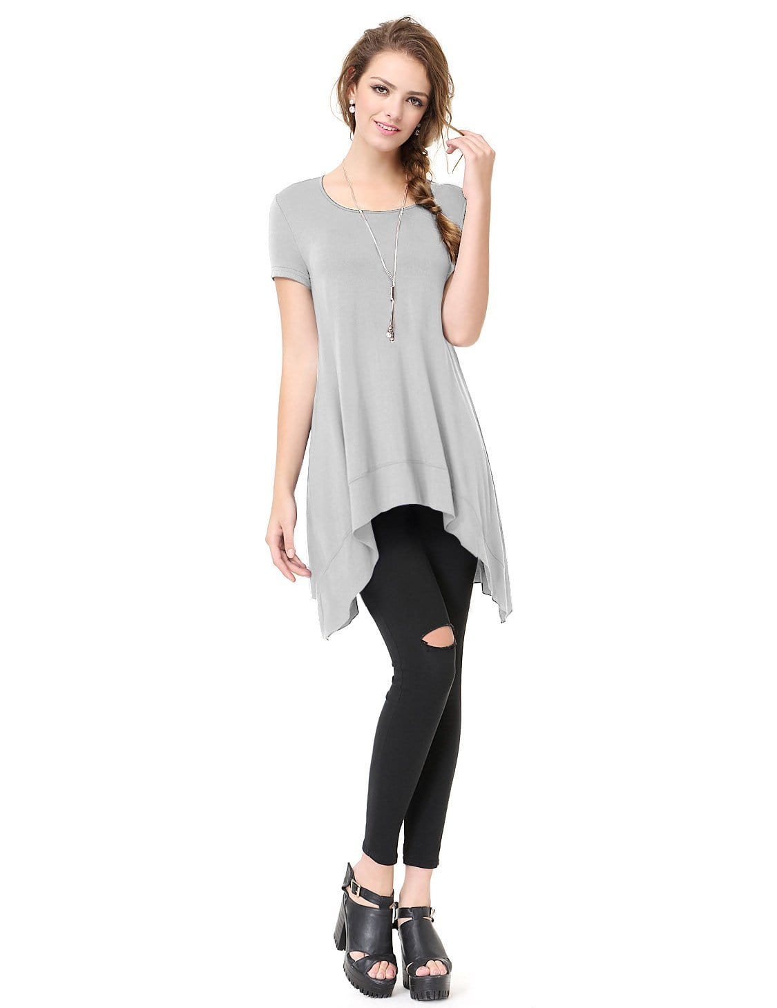 Color=Grey | Alisapan Simple Fashion Round Neck Short Sleeve T-Shirt-Grey 3