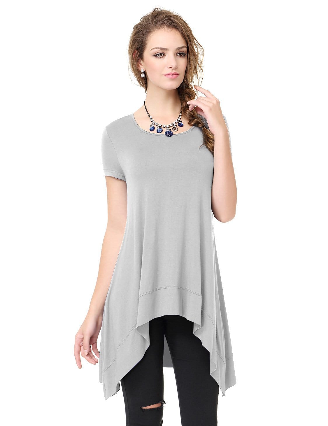 Color=Grey | Alisapan Simple Fashion Round Neck Short Sleeve T-Shirt-Grey 4