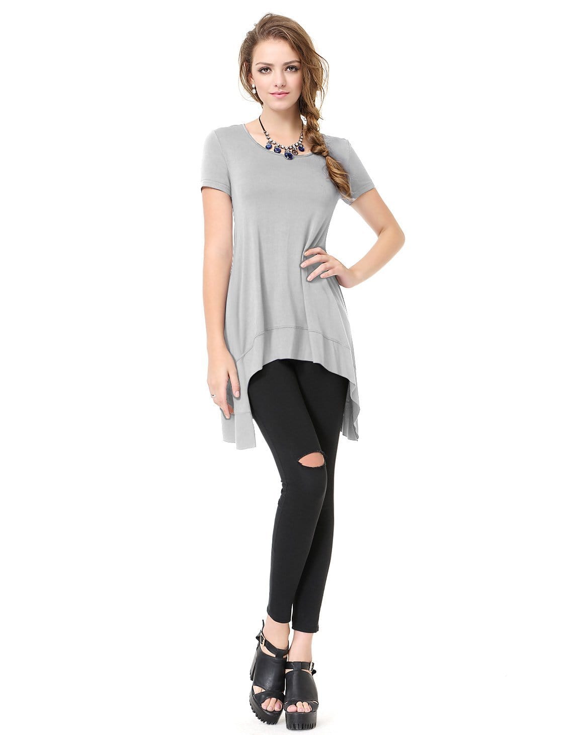 Color=Grey | Alisapan Simple Fashion Round Neck Short Sleeve T-Shirt-Grey 6