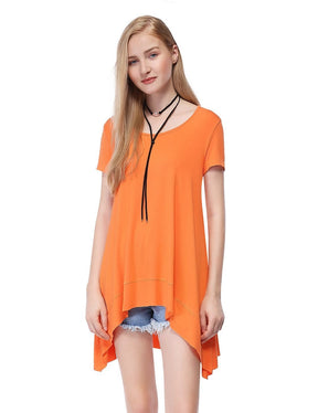 Color=Orange | Alisapan Simple Fashion Round Neck Short Sleeve T-Shirt-Orange 1