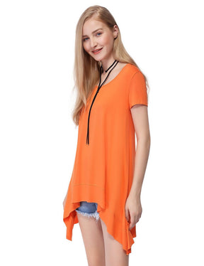 Color=Orange | Alisapan Simple Fashion Round Neck Short Sleeve T-Shirt-Orange 3