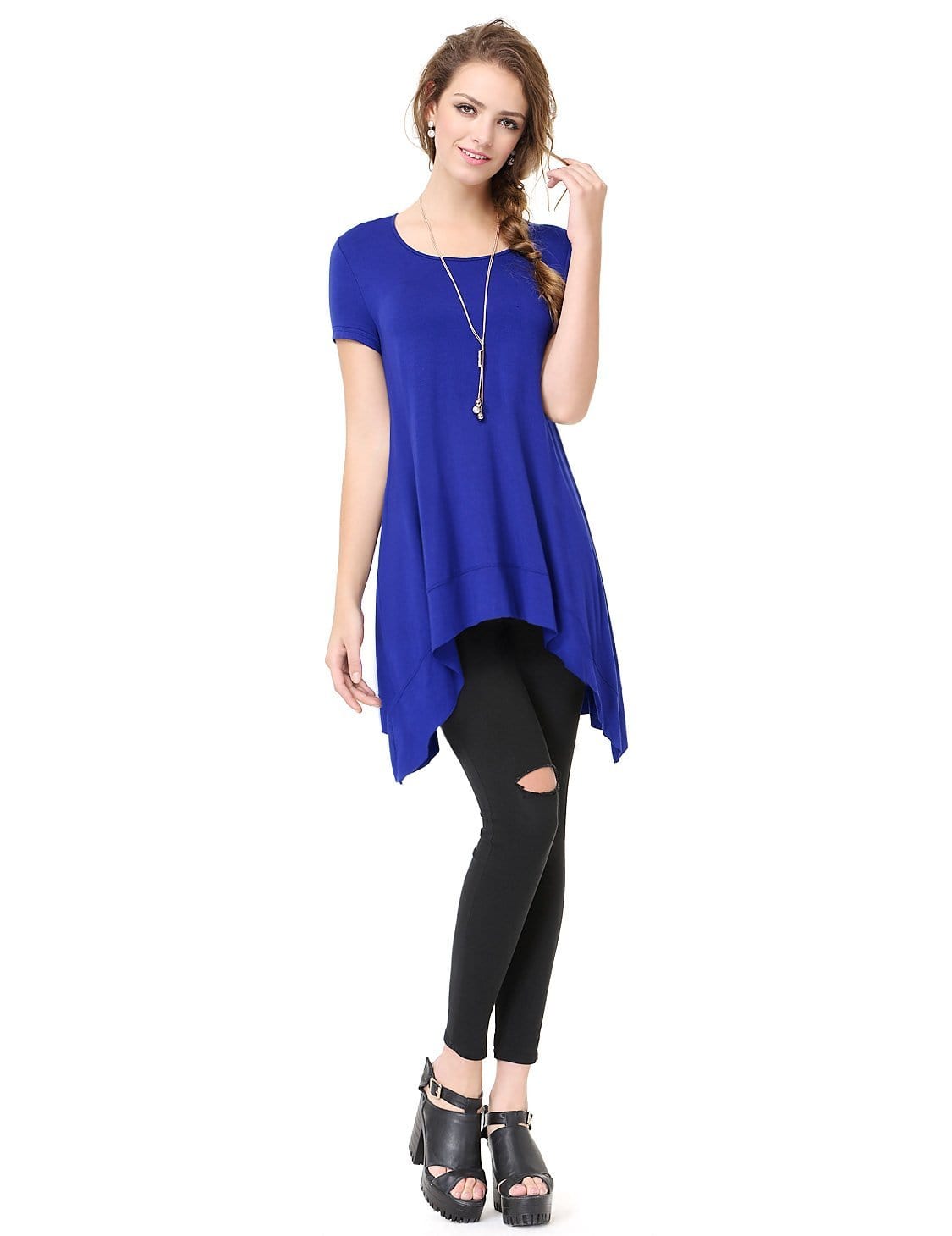 Color=Sapphire Blue | Alisapan Simple Fashion Round Neck Short Sleeve T-Shirt-Sapphire Blue 3