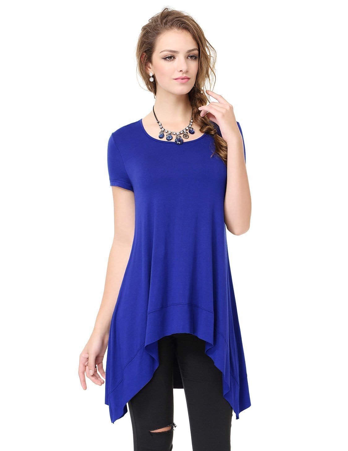 Color=Sapphire Blue | Alisapan Simple Fashion Round Neck Short Sleeve T-Shirt-Sapphire Blue 4
