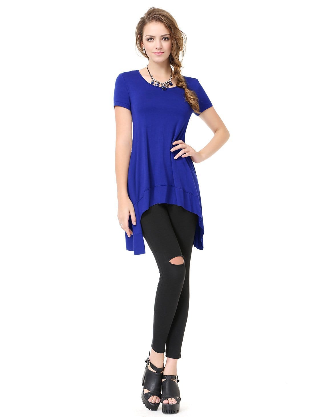 Color=Sapphire Blue | Alisapan Simple Fashion Round Neck Short Sleeve T-Shirt-Sapphire Blue 6