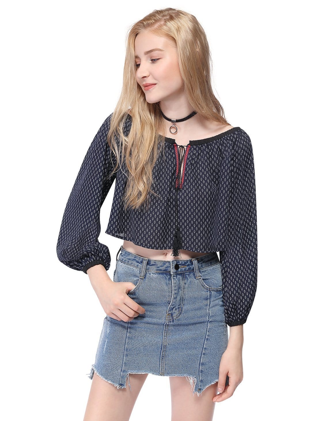 Color=Black | Women'S Fashionable Round Neck Long Sleeve Bare Midriff Top-Black 1