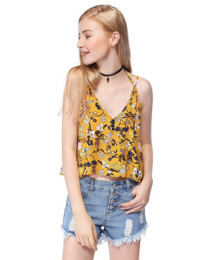 Color=Yellow | Women'S Simple Fashion V-Neck Floral Printed Casual Top-Yellow 1
