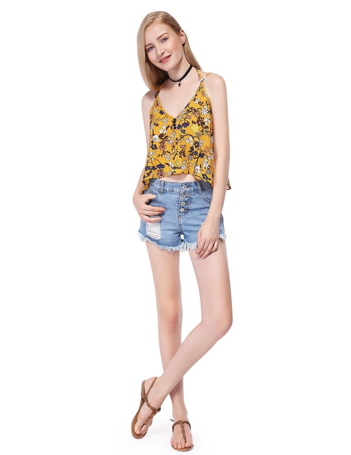 Color=Yellow | Women'S Simple Fashion V-Neck Floral Printed Casual Top-Yellow 5