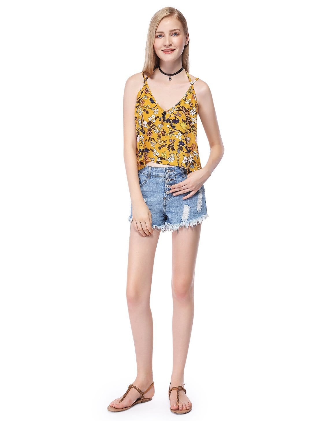 Color=Yellow | Women'S Simple Fashion V-Neck Floral Printed Casual Top-Yellow 3