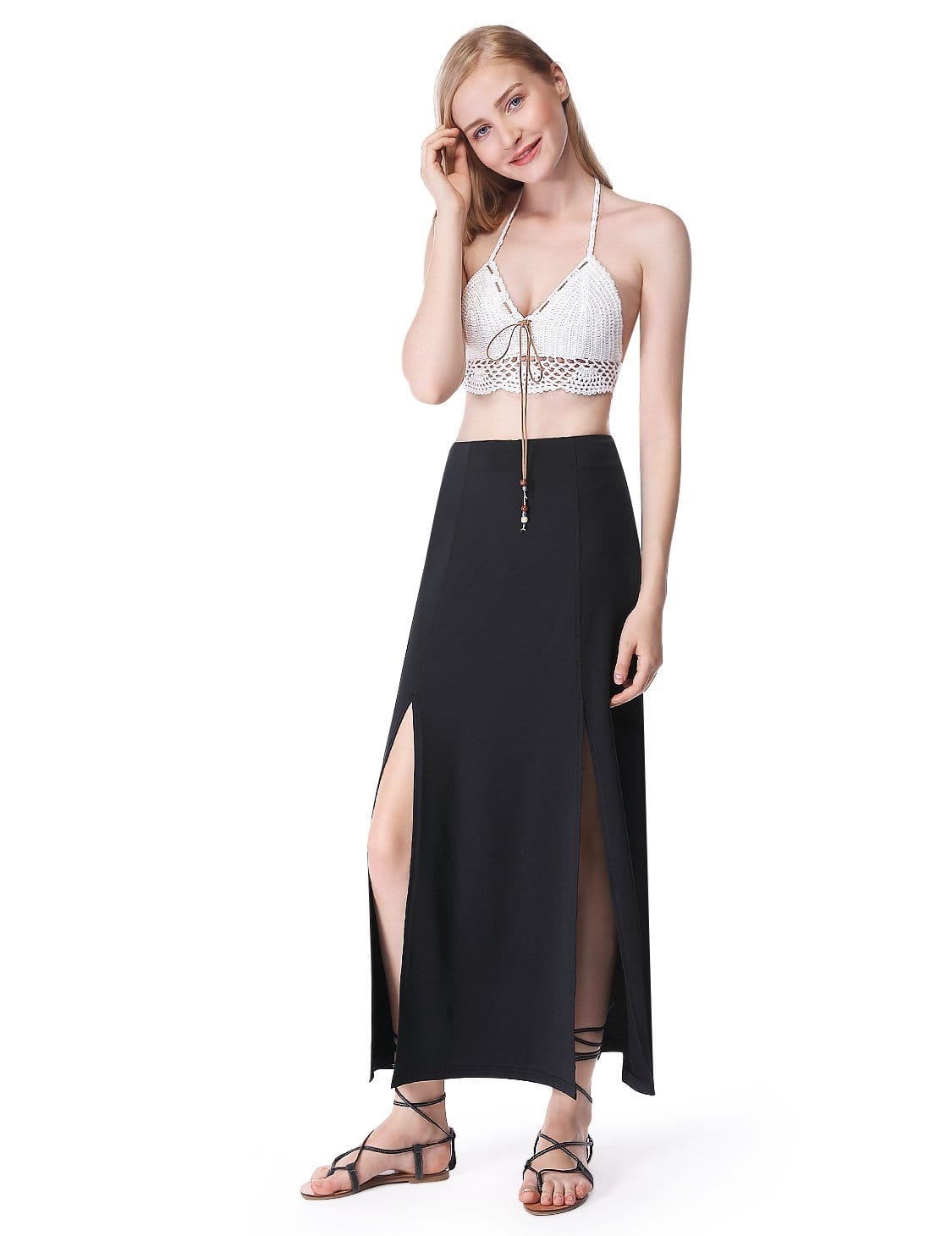 Color=Black | Women'S Simple Decent Solid Casual Slit Skirt-Black 1