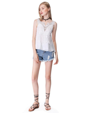 Color=White | Women'S Simple Fashion Sleeveless Lace Short Top-White 1
