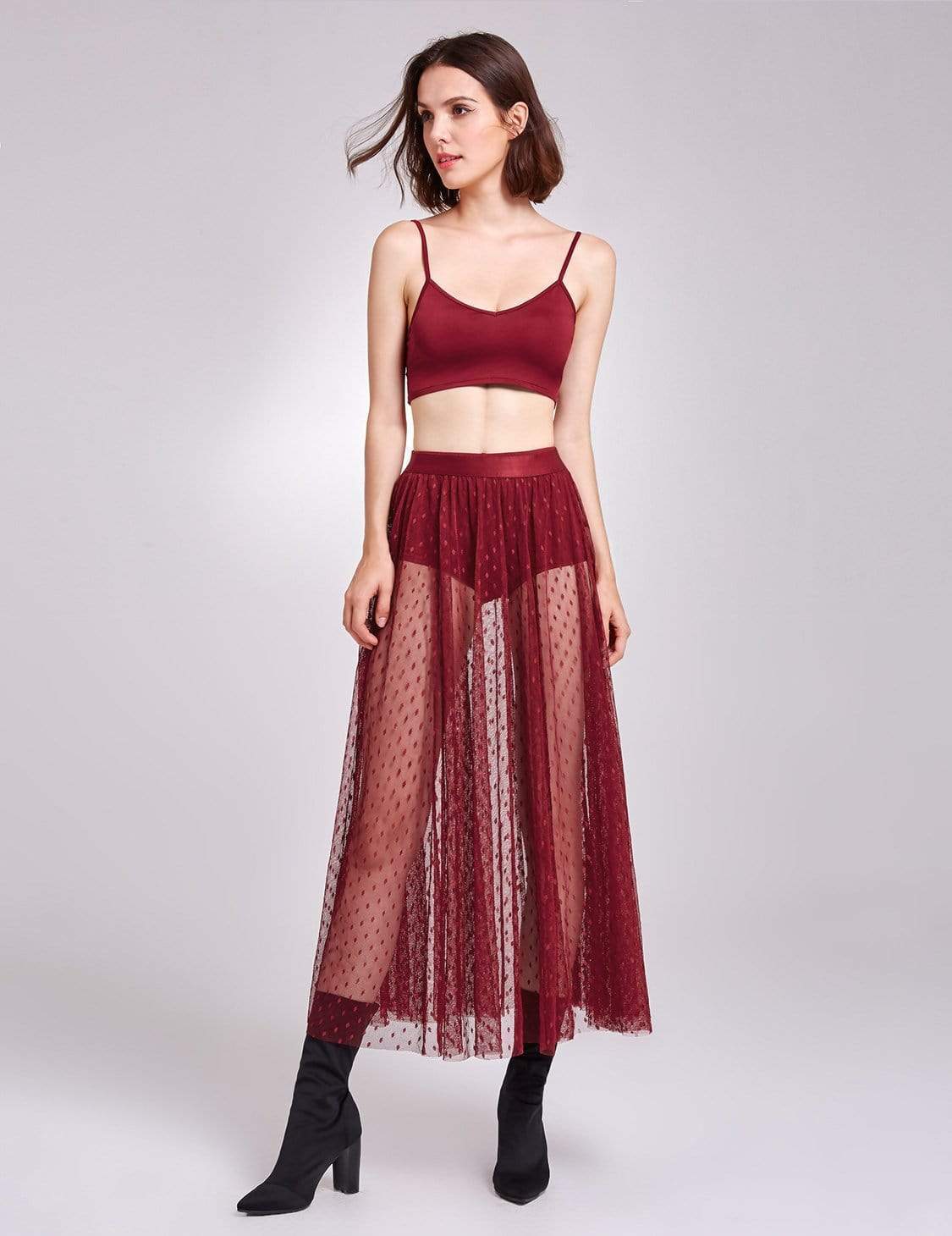 Color=Burgundy | Alisa Pan Sheer Polka Dot Maxi Skirt-Burgundy 1