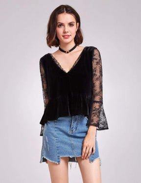 Color=Black | Long Sleeve Lace And Velvet Top-Black 2