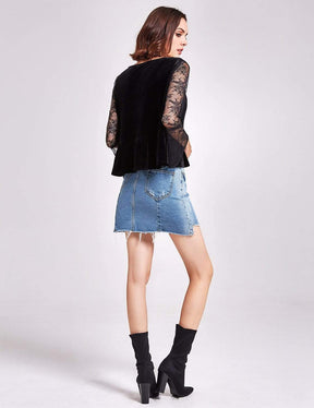 Color=Black | Long Sleeve Lace And Velvet Top-Black 3