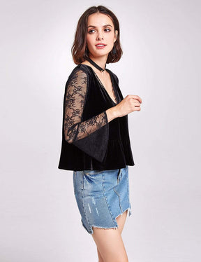 Color=Black | Long Sleeve Lace And Velvet Top-Black 4
