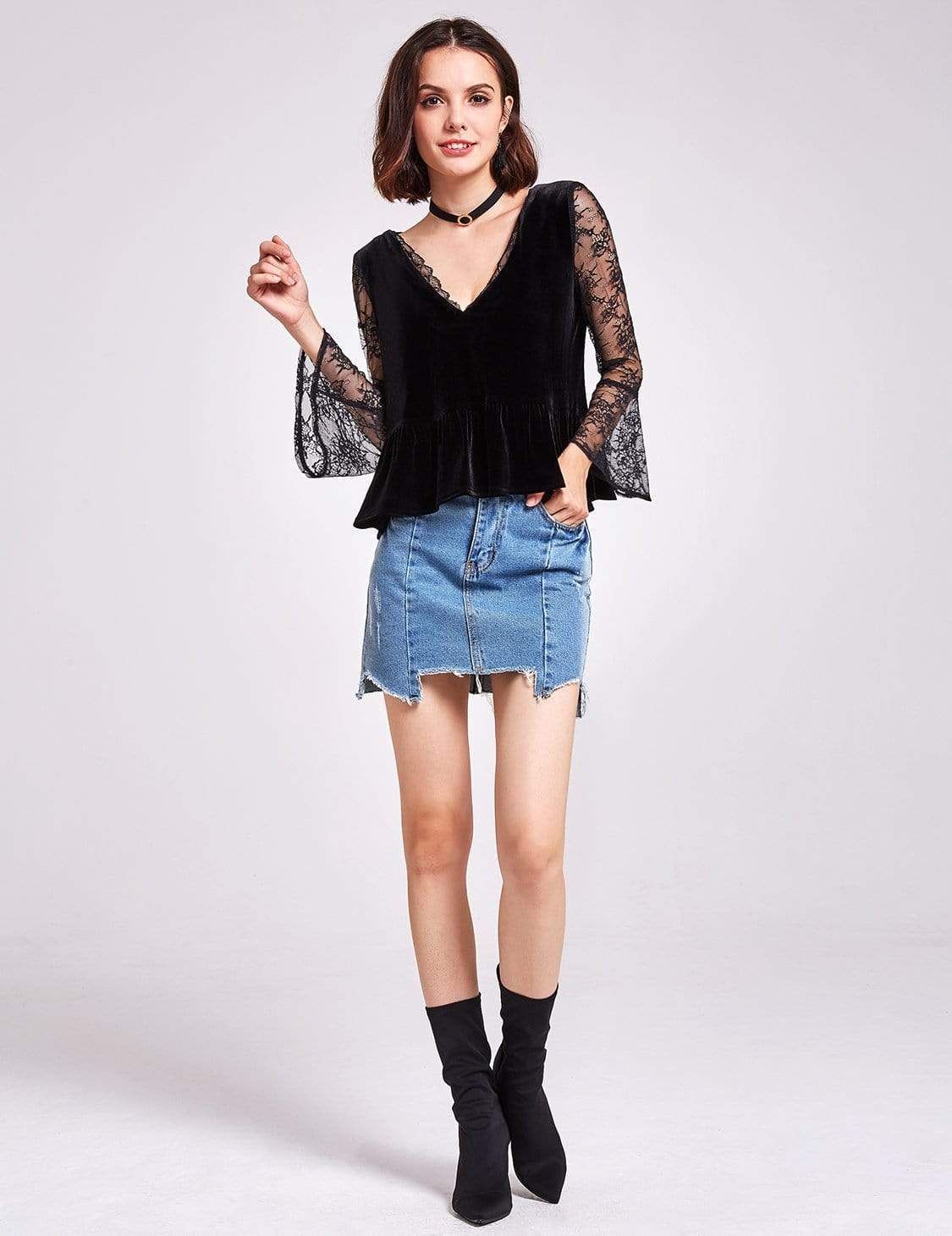 Color=Black | Long Sleeve Lace And Velvet Top-Black 5