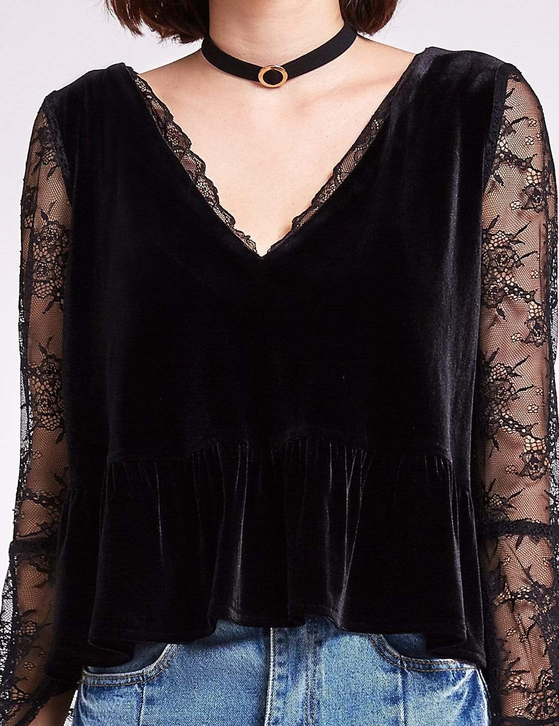 Color=Black | Long Sleeve Lace And Velvet Top-Black 6