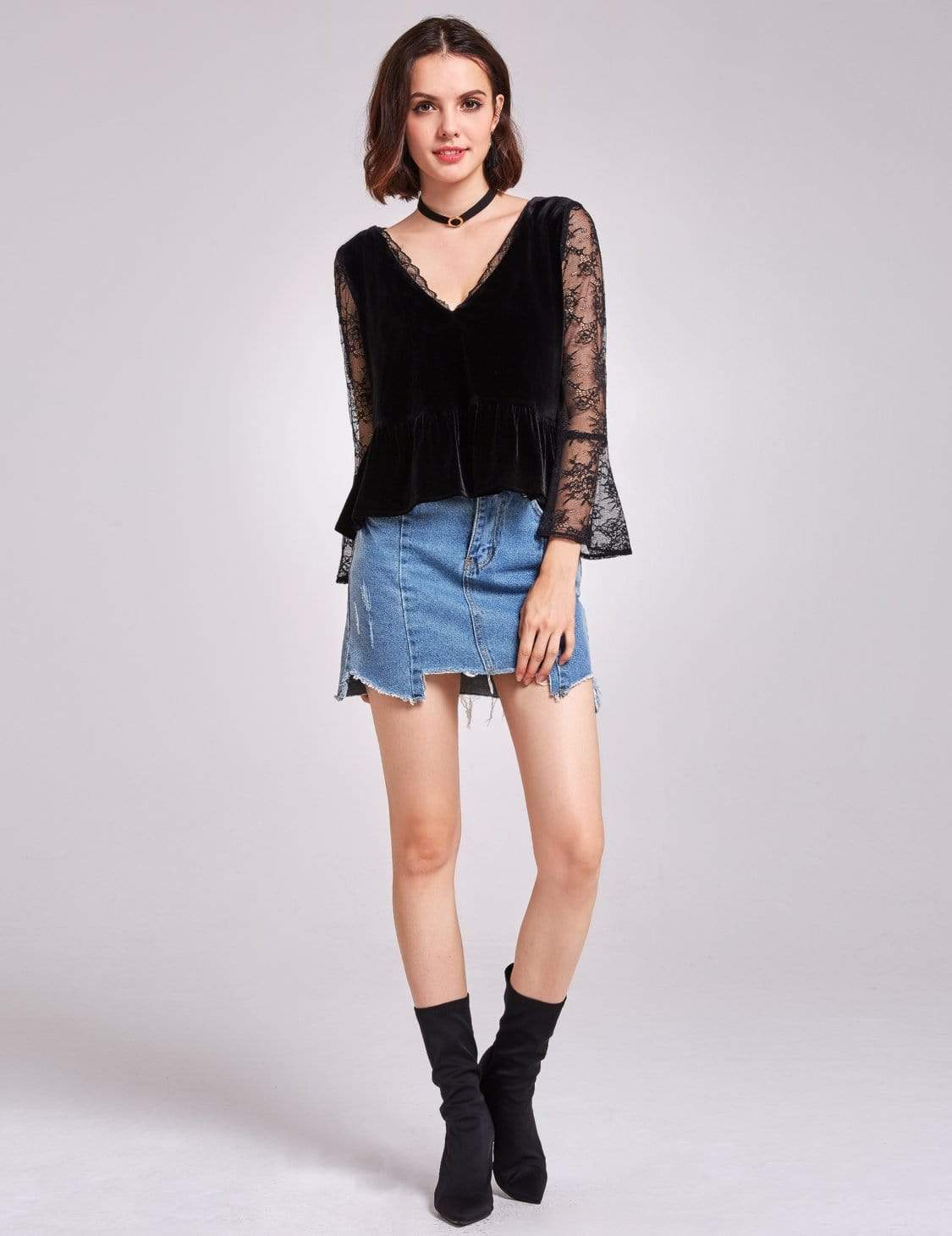 Color=Black | Long Sleeve Lace And Velvet Top-Black 1