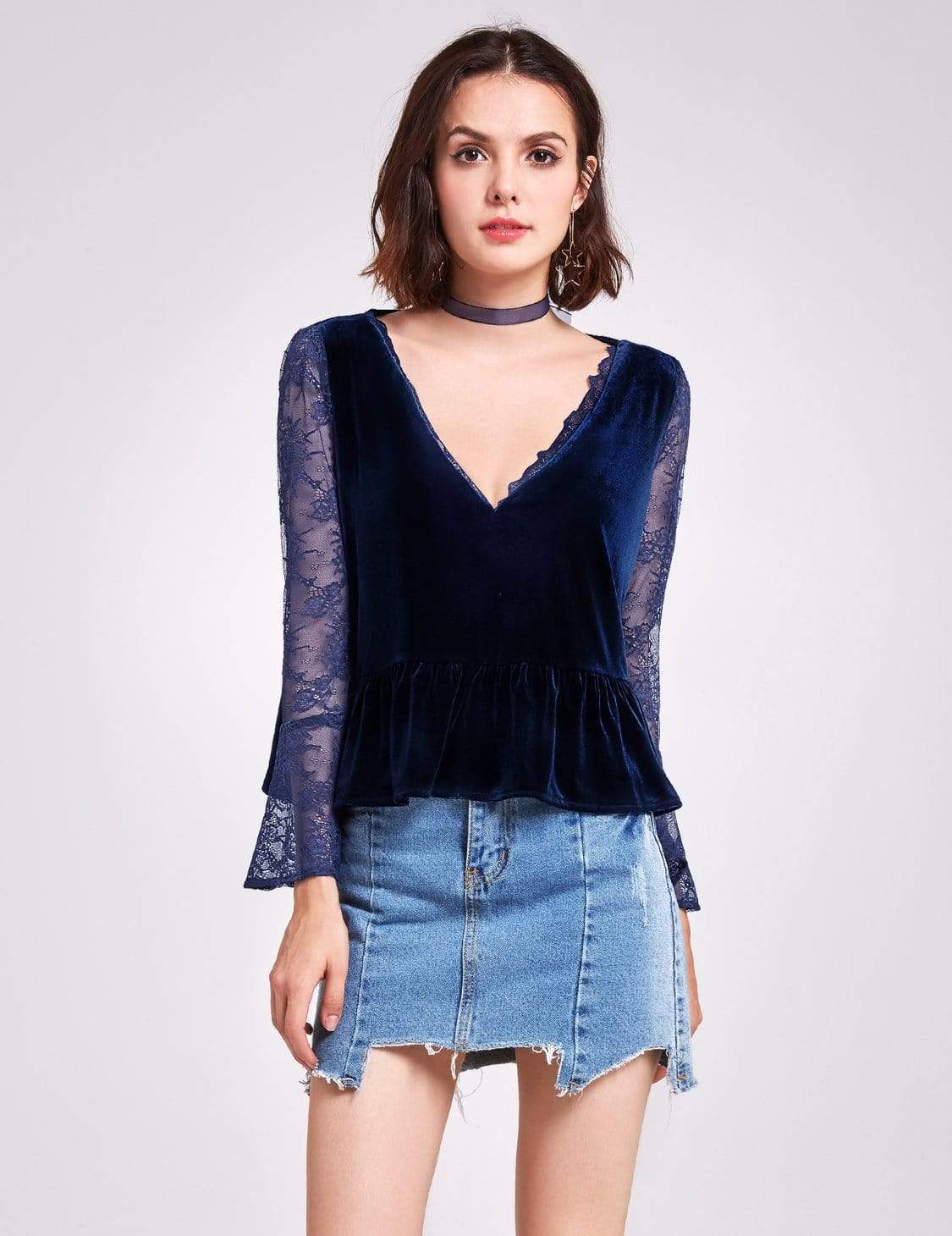Color=Midnight Blue | Long Sleeve Lace And Velvet Top-Midnight Blue 2