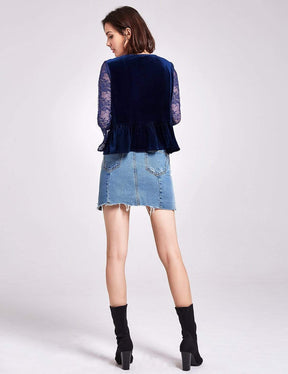Color=Midnight Blue | Long Sleeve Lace And Velvet Top-Midnight Blue 3