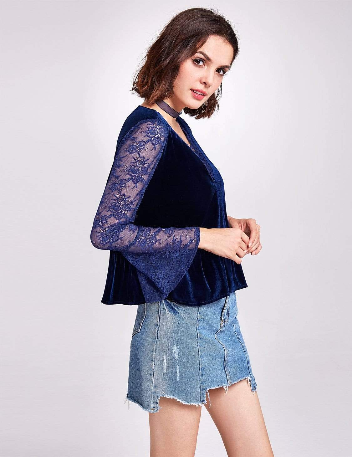 Color=Midnight Blue | Long Sleeve Lace And Velvet Top-Midnight Blue 4