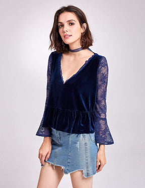 Color=Midnight Blue | Long Sleeve Lace And Velvet Top-Midnight Blue 5