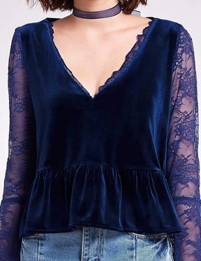 Color=Midnight Blue | Long Sleeve Lace And Velvet Top-Midnight Blue 6