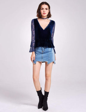 Color=Midnight Blue | Long Sleeve Lace And Velvet Top-Midnight Blue 1