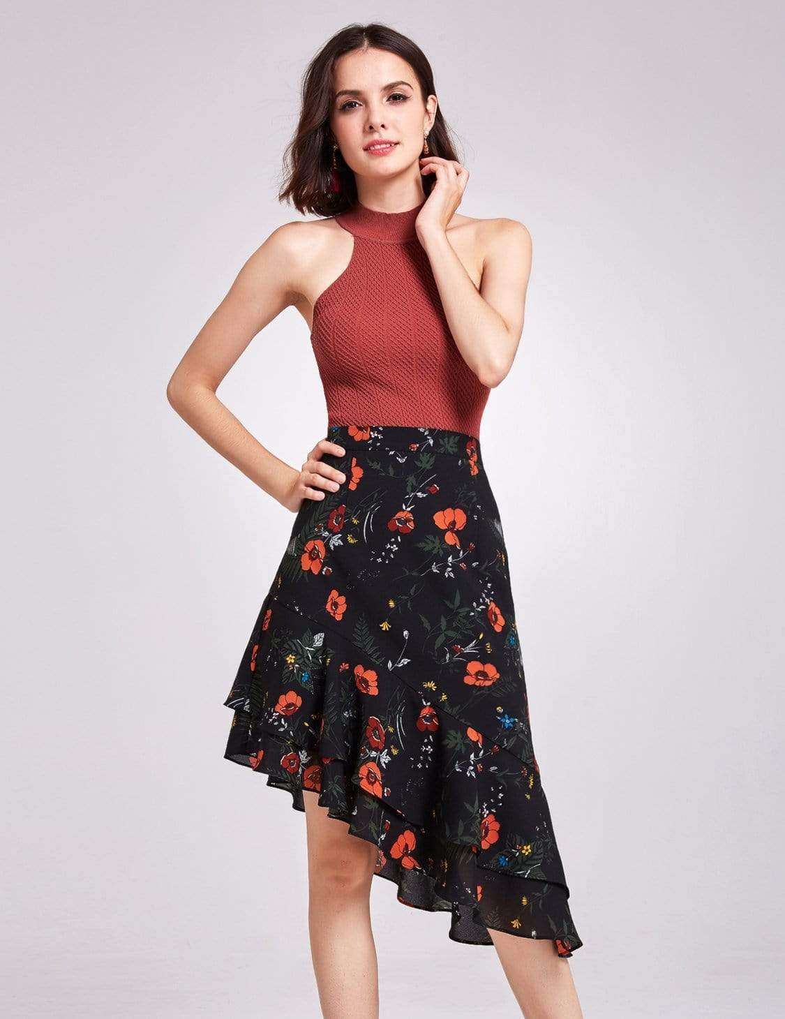 Color=Black | Alisa Pan Floral Print High Waisted Skirt-Black 2