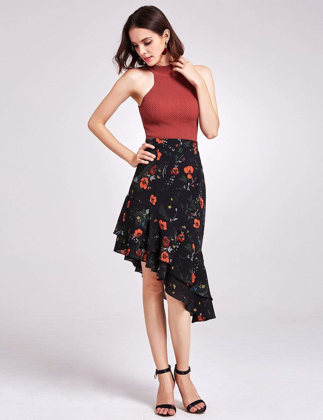 Color=Black | Alisa Pan Floral Print High Waisted Skirt-Black 5