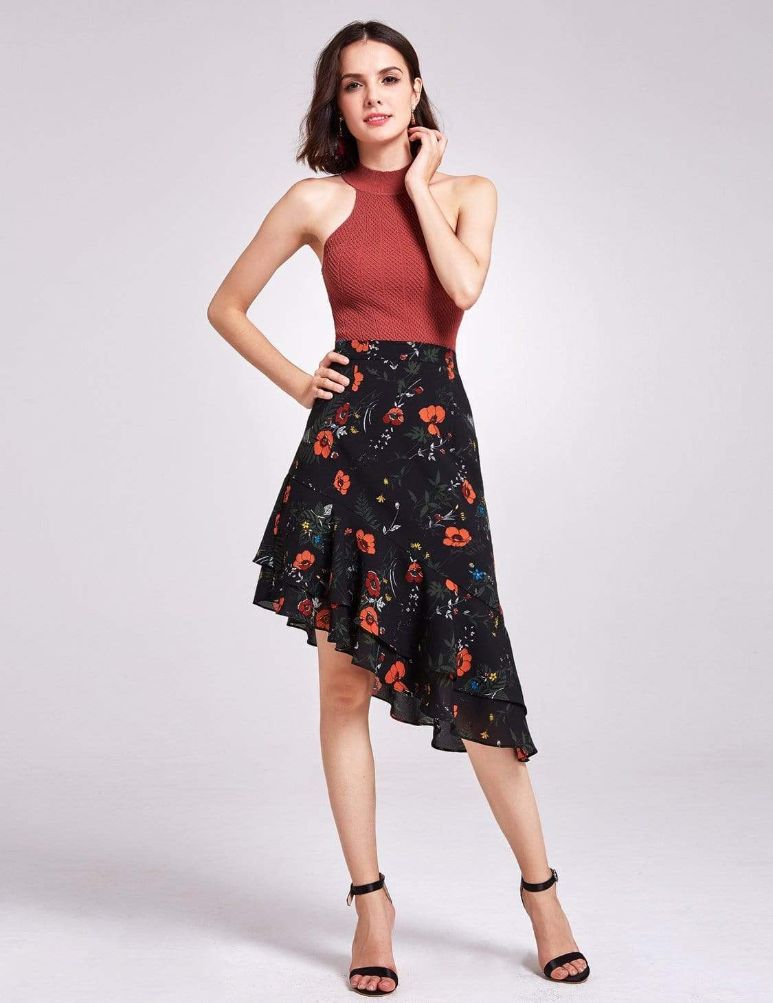 Color=Black | Alisa Pan Floral Print High Waisted Skirt-Black 1