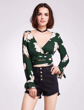 Color=Green | Long Sleeve Floral Print Wrap Blouse-Green 2