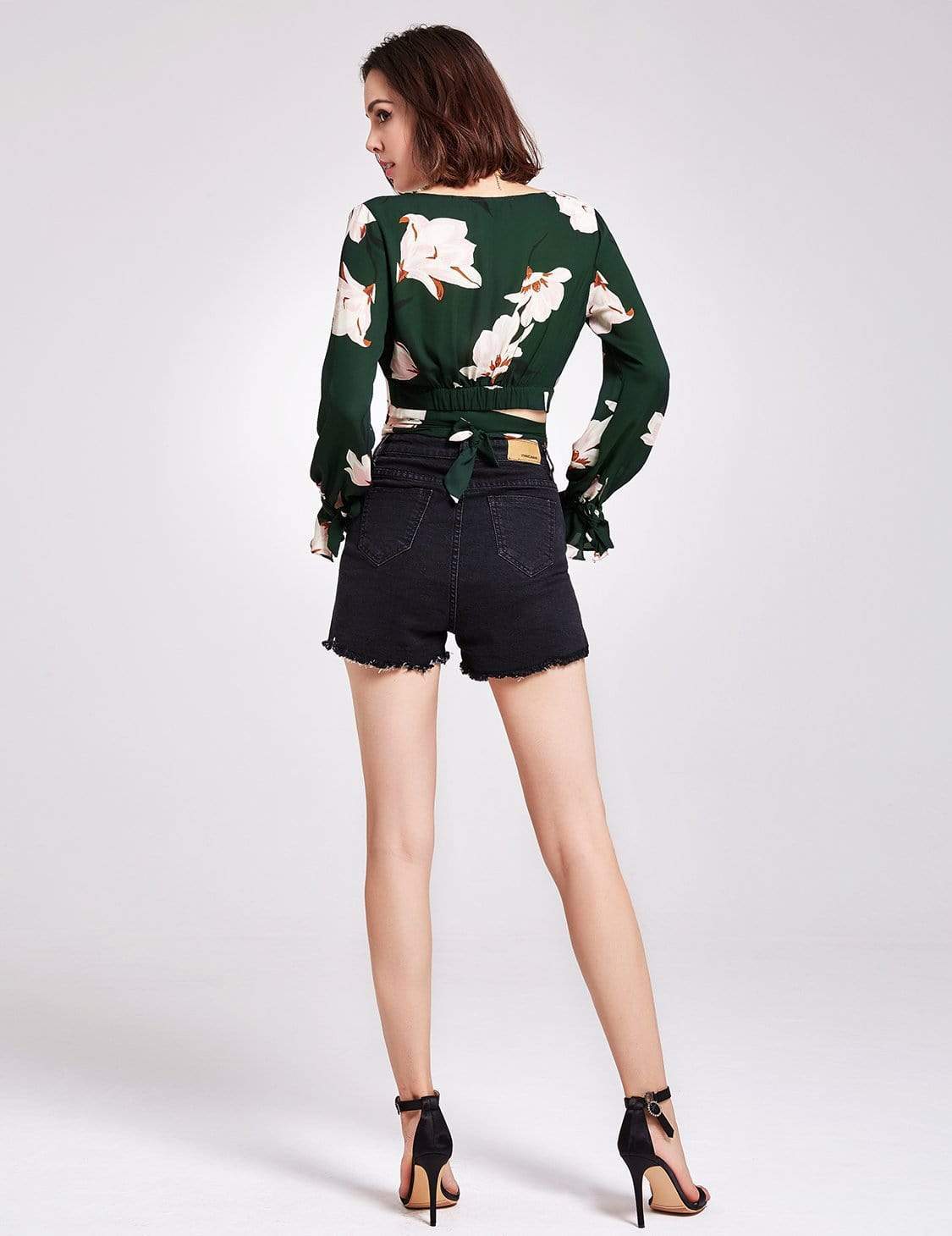 Color=Green | Long Sleeve Floral Print Wrap Blouse-Green 3