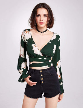 Color=Green | Long Sleeve Floral Print Wrap Blouse-Green 4