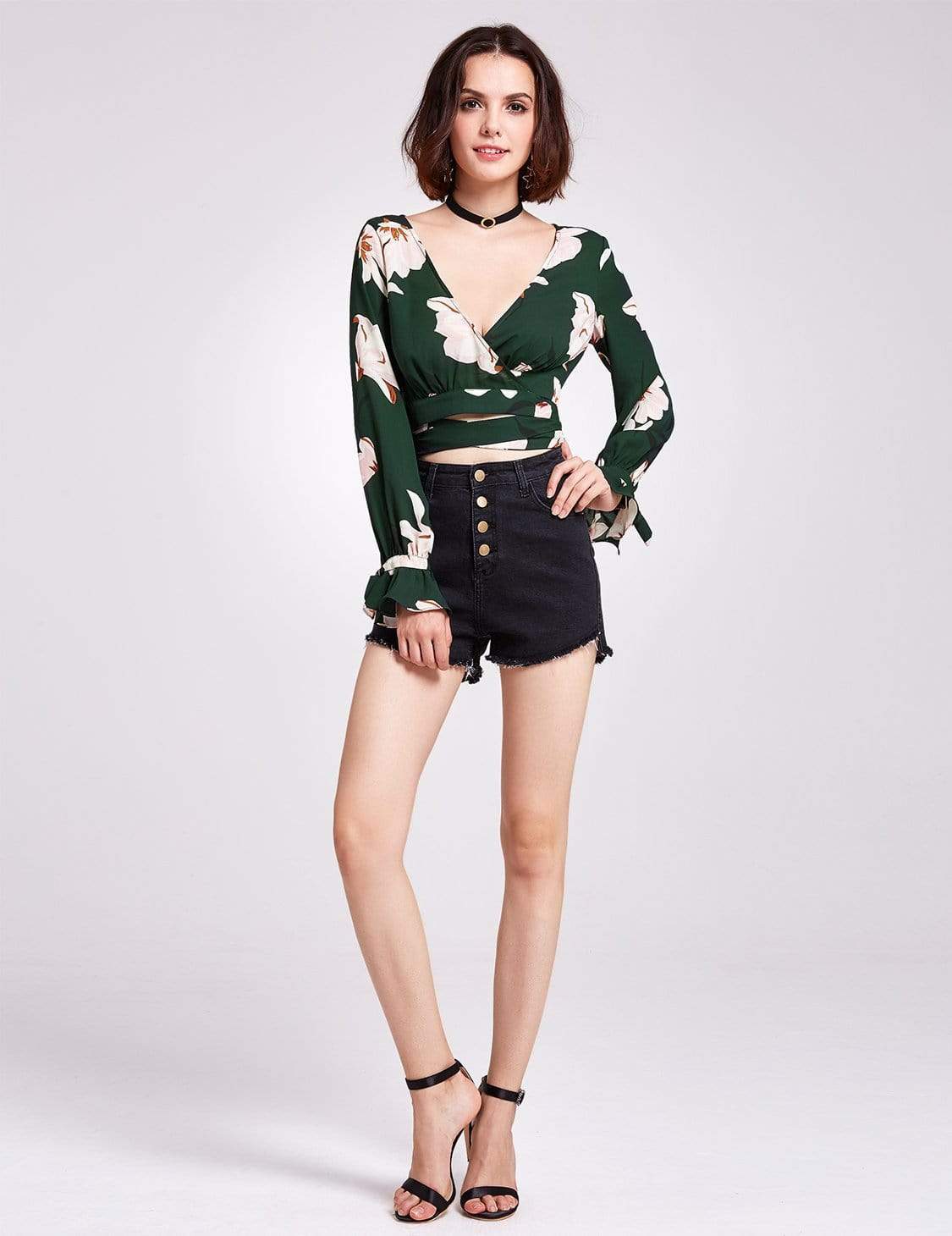 Color=Green | Long Sleeve Floral Print Wrap Blouse-Green 1