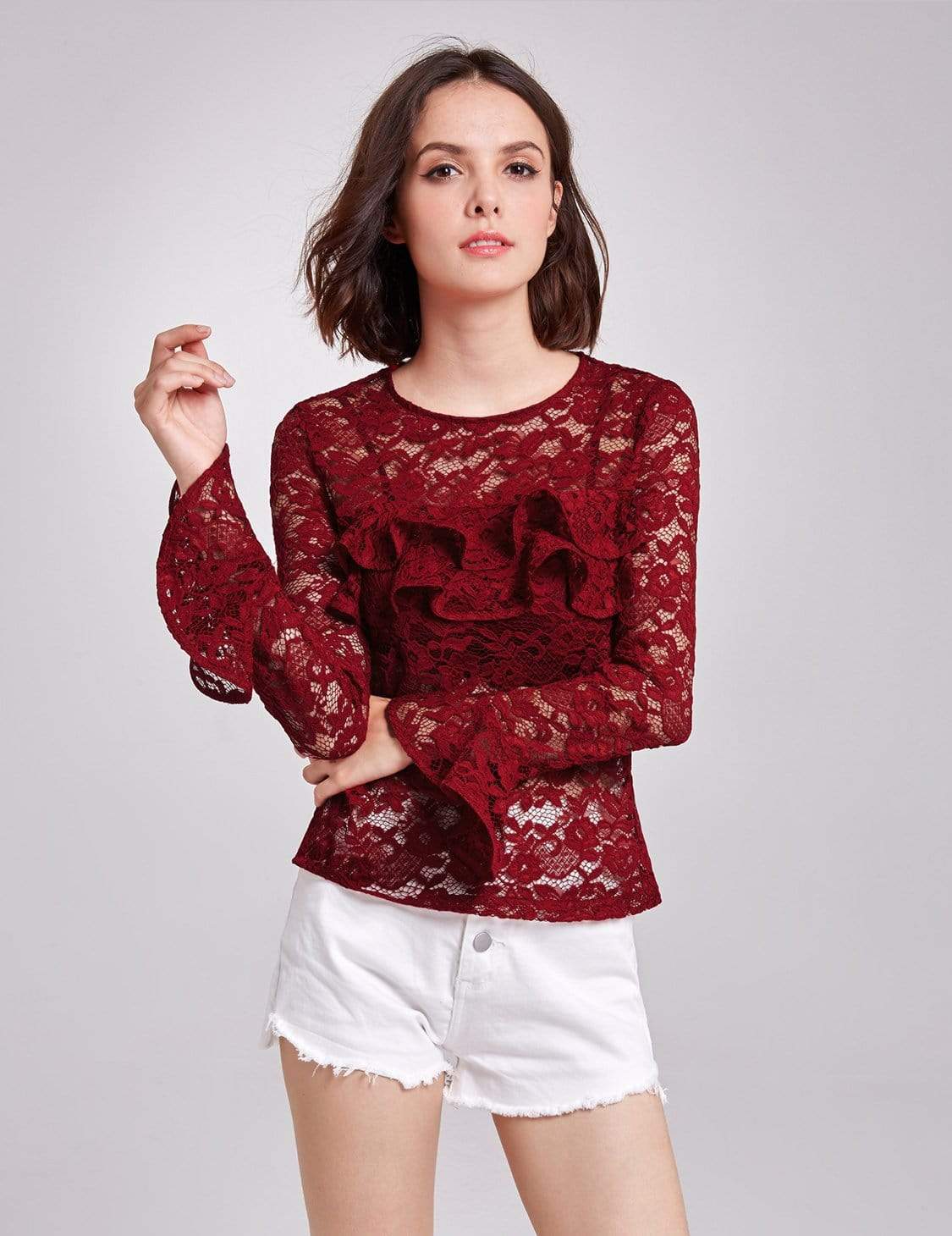 Color=Burgundy | Alisa Pan Sheer Lace Long Sleeve Top-Burgundy 1