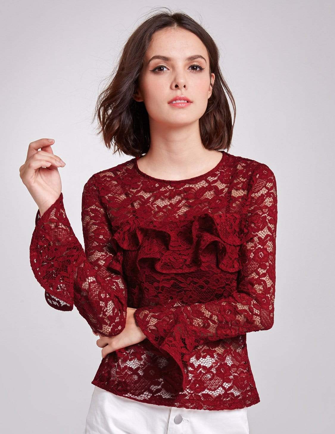 Color=Burgundy | Alisa Pan Sheer Lace Long Sleeve Top-Burgundy 2