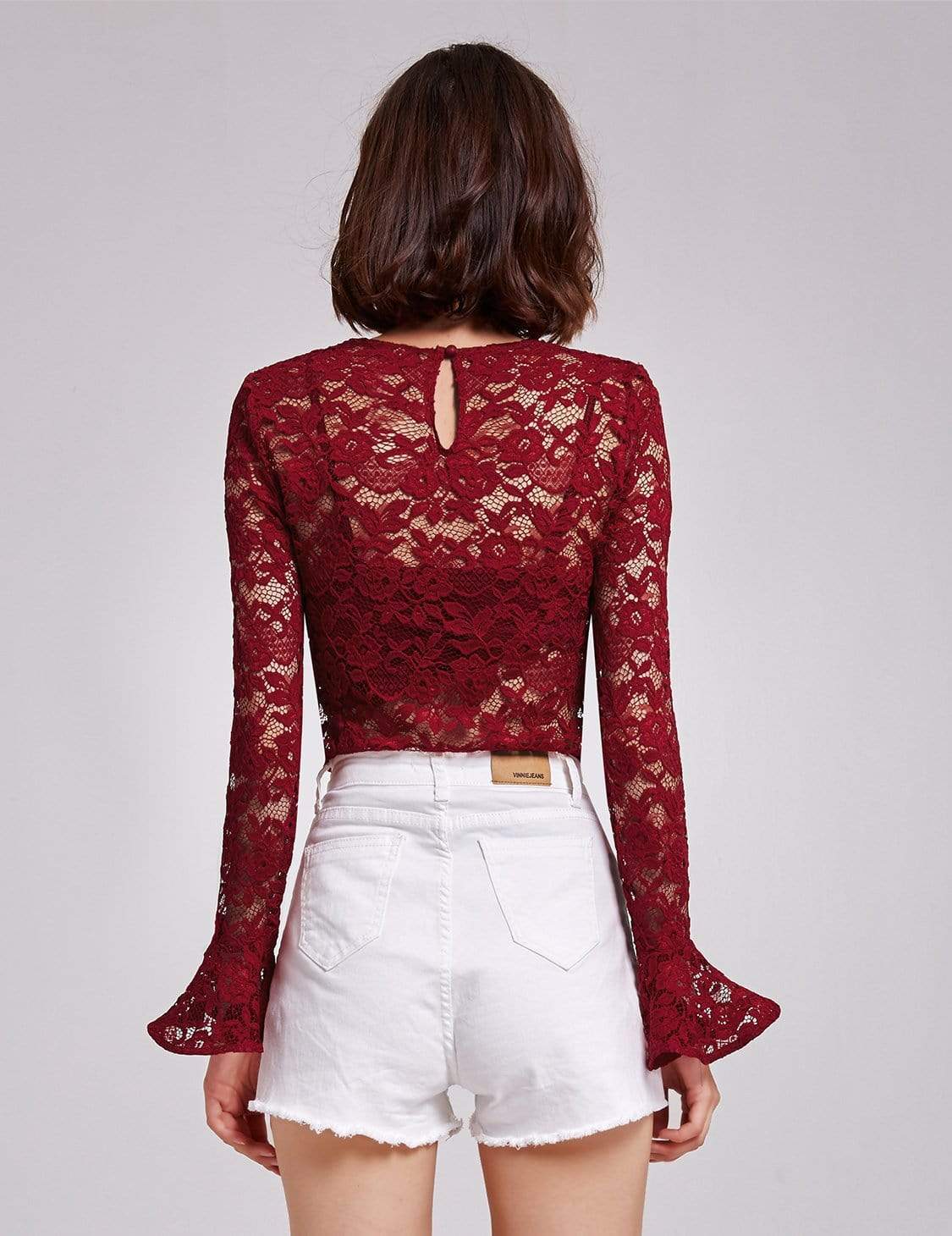 Color=Burgundy | Alisa Pan Sheer Lace Long Sleeve Top-Burgundy 3