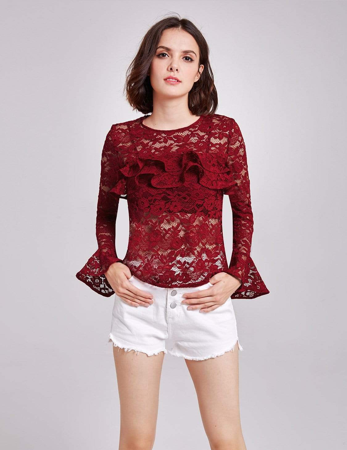 Color=Burgundy | Alisa Pan Sheer Lace Long Sleeve Top-Burgundy 5