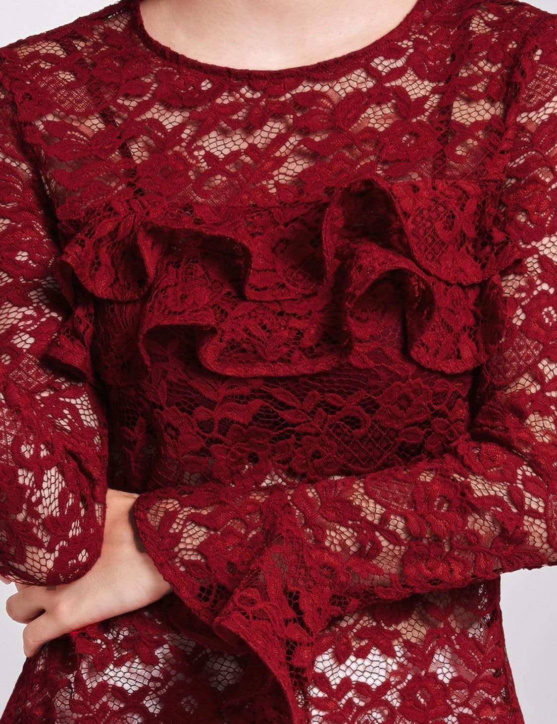 Color=Burgundy | Alisa Pan Sheer Lace Long Sleeve Top-Burgundy 6
