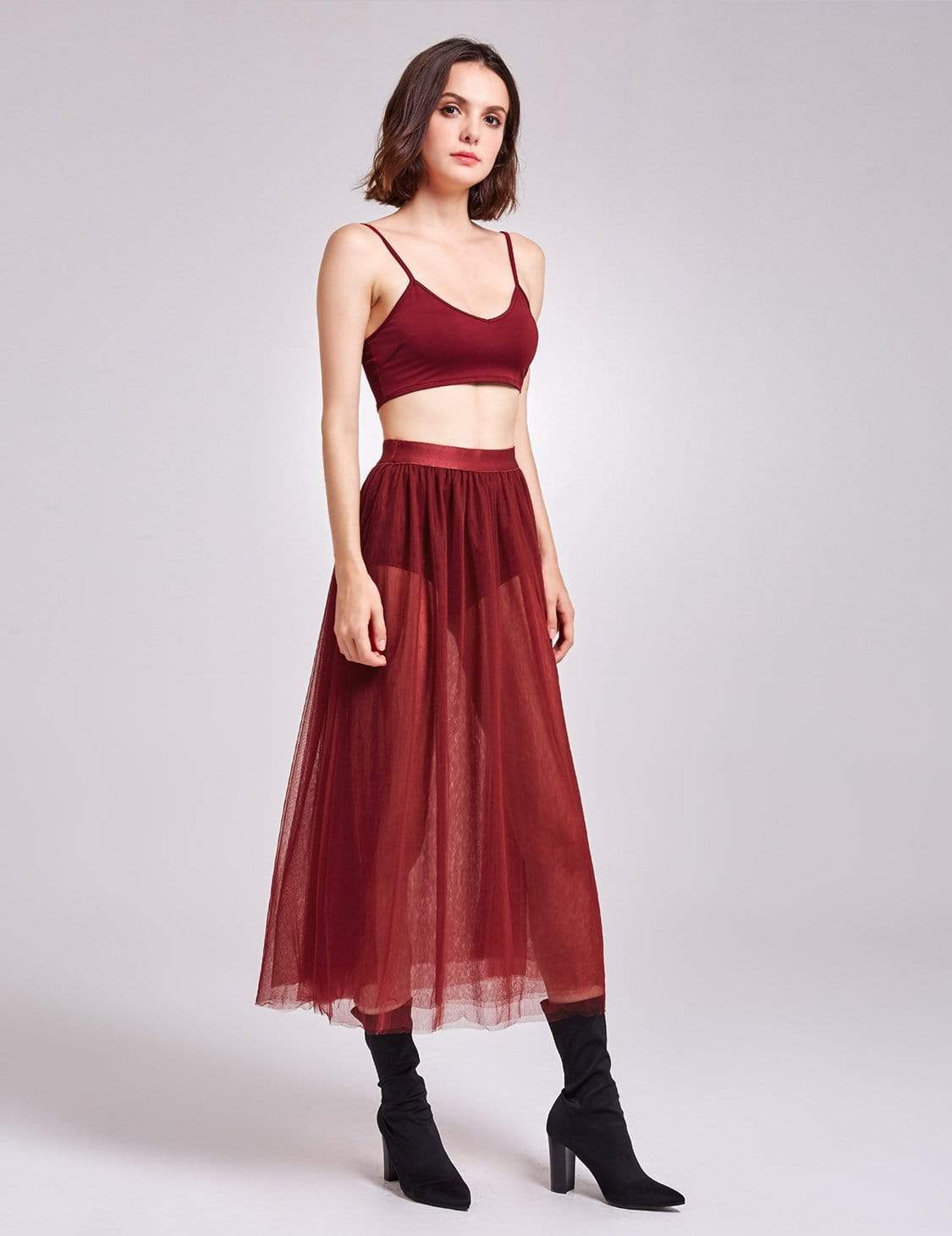 Color=Burgundy | Alisa Pan Sheer Tulle Maxi Skirt-Burgundy 5
