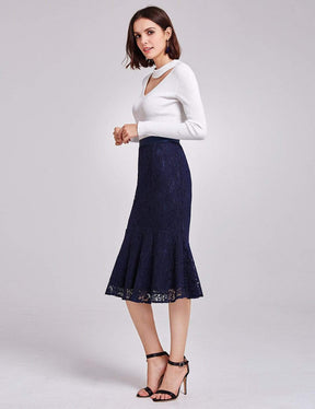 Color=Navy Blue | High Waisted Fit And Flare Midi Skirt-Navy Blue 3