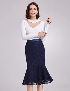 Color=Navy Blue | High Waisted Fit And Flare Midi Skirt-Navy Blue 4