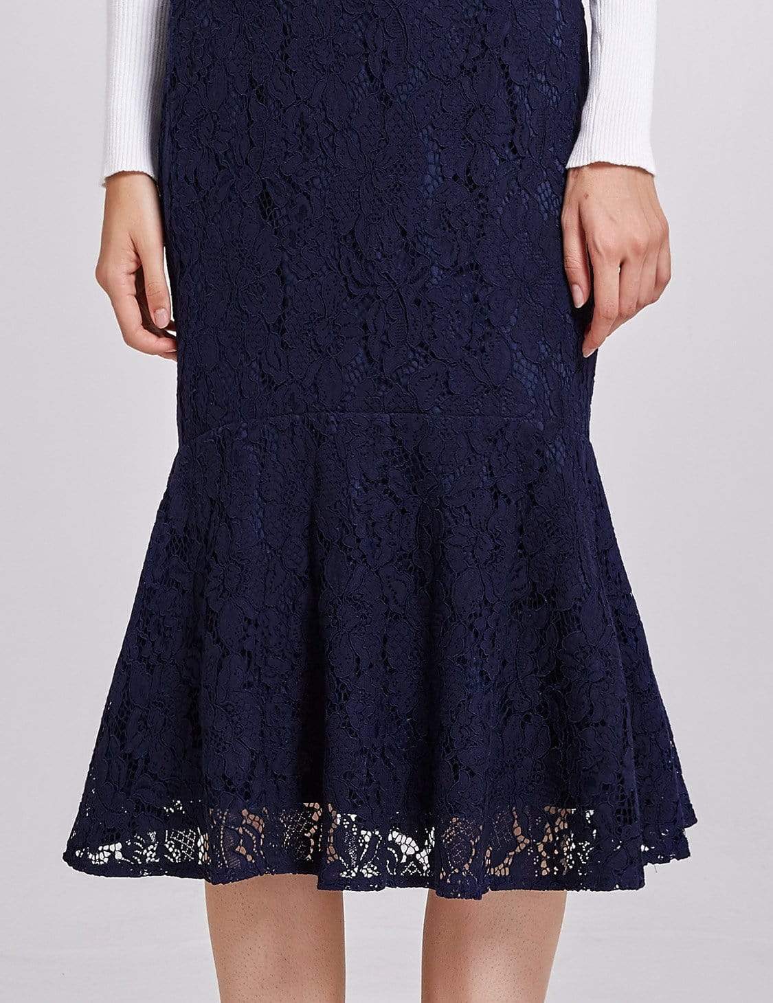 Color=Navy Blue | High Waisted Fit And Flare Midi Skirt-Navy Blue 5