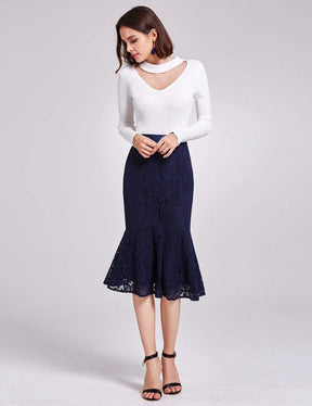 Color=Navy Blue | High Waisted Fit And Flare Midi Skirt-Navy Blue 1