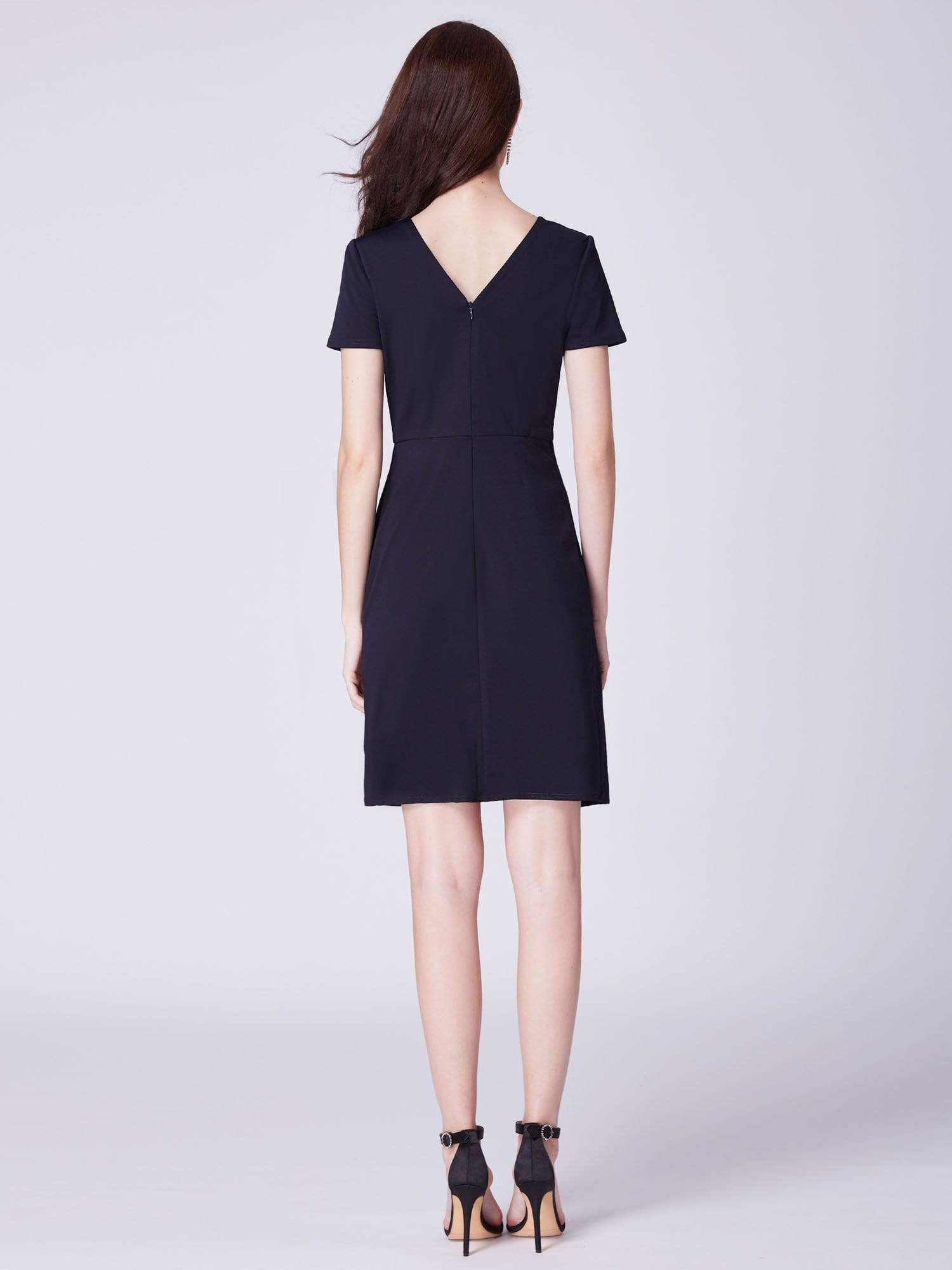 Color=Navy Blue | Alisa Pan Casual V Neck Short Sleeve Dress-Navy Blue 4